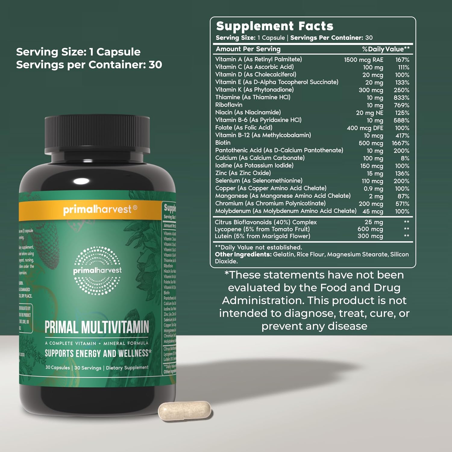 Primal Harvest Multivitamin - Daily Supplement with 21 Essential Vitamins and Minerals for Women and Men - görsel 2