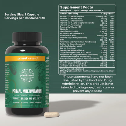 Primal Harvest Multivitamin - Daily Supplement with 21 Essential Vitamins and Minerals for Women and Men