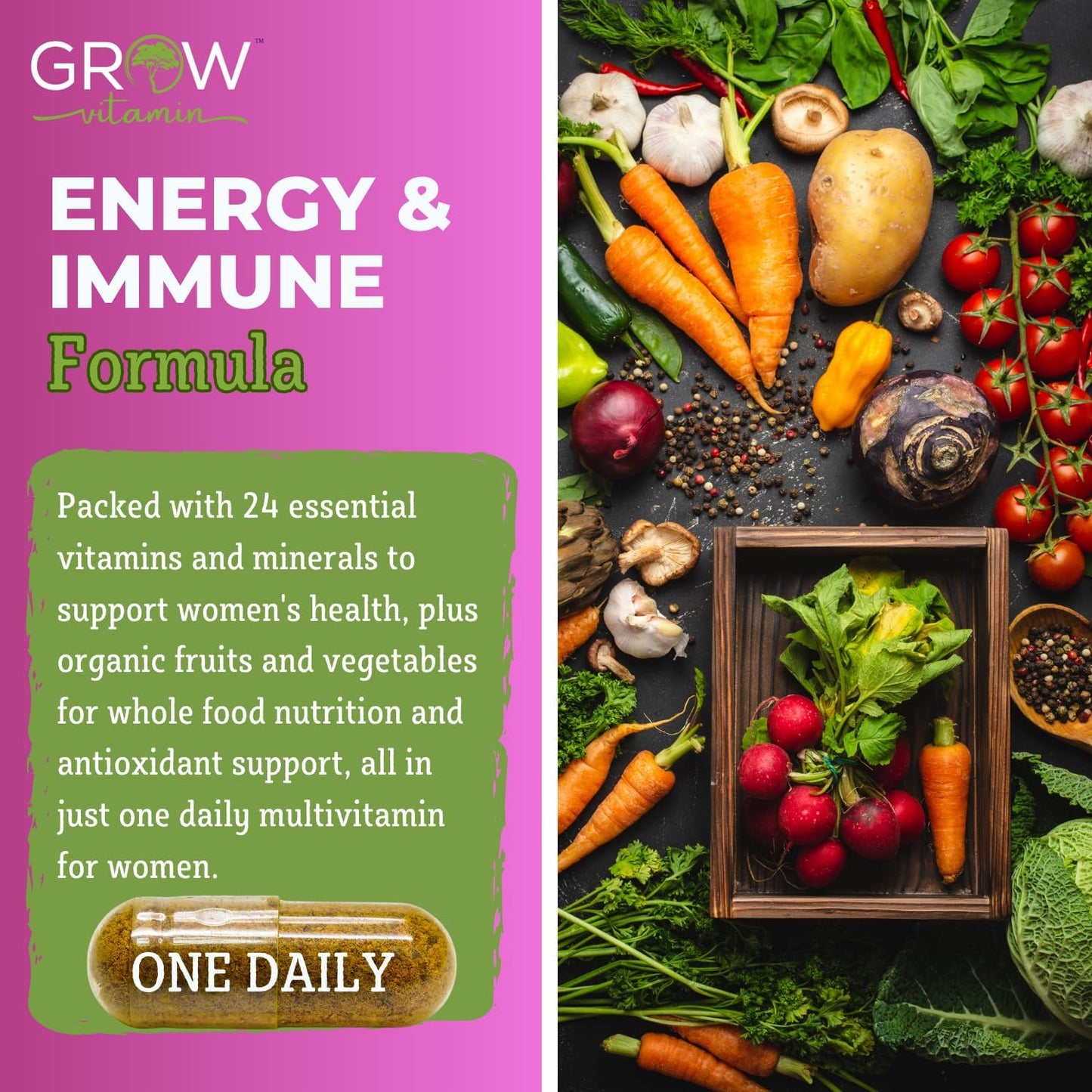 grow vitamin One Daily Multivitamin for Women – Energy Support – Whole Food Supplement – Non-GMO, Gluten-free – 60 Capsules - görsel 3
