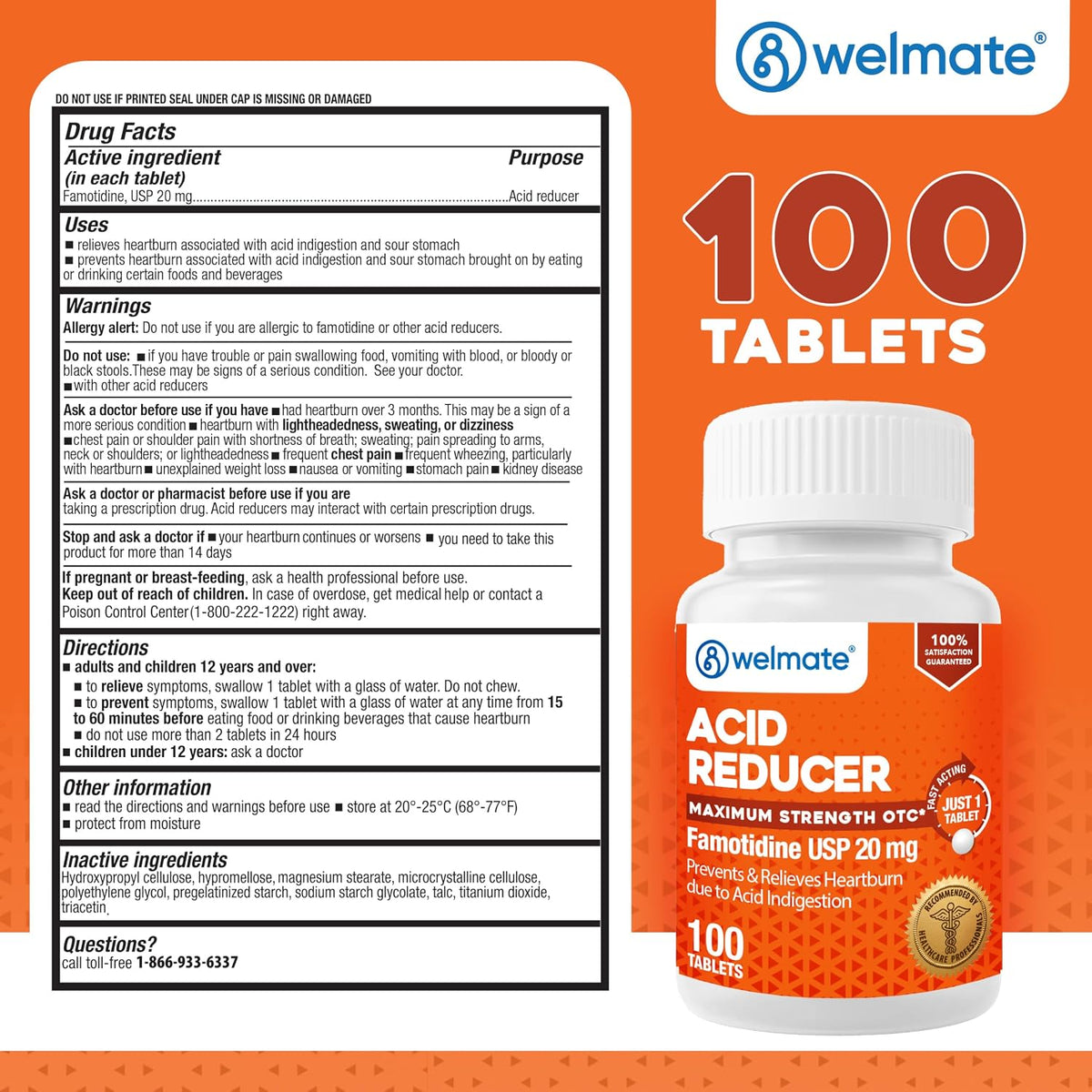 WELMATE Famotidine Acid Reducer 20 mg - Maximum Strength Heartburn Relief - 100 Tablets - görsel 4