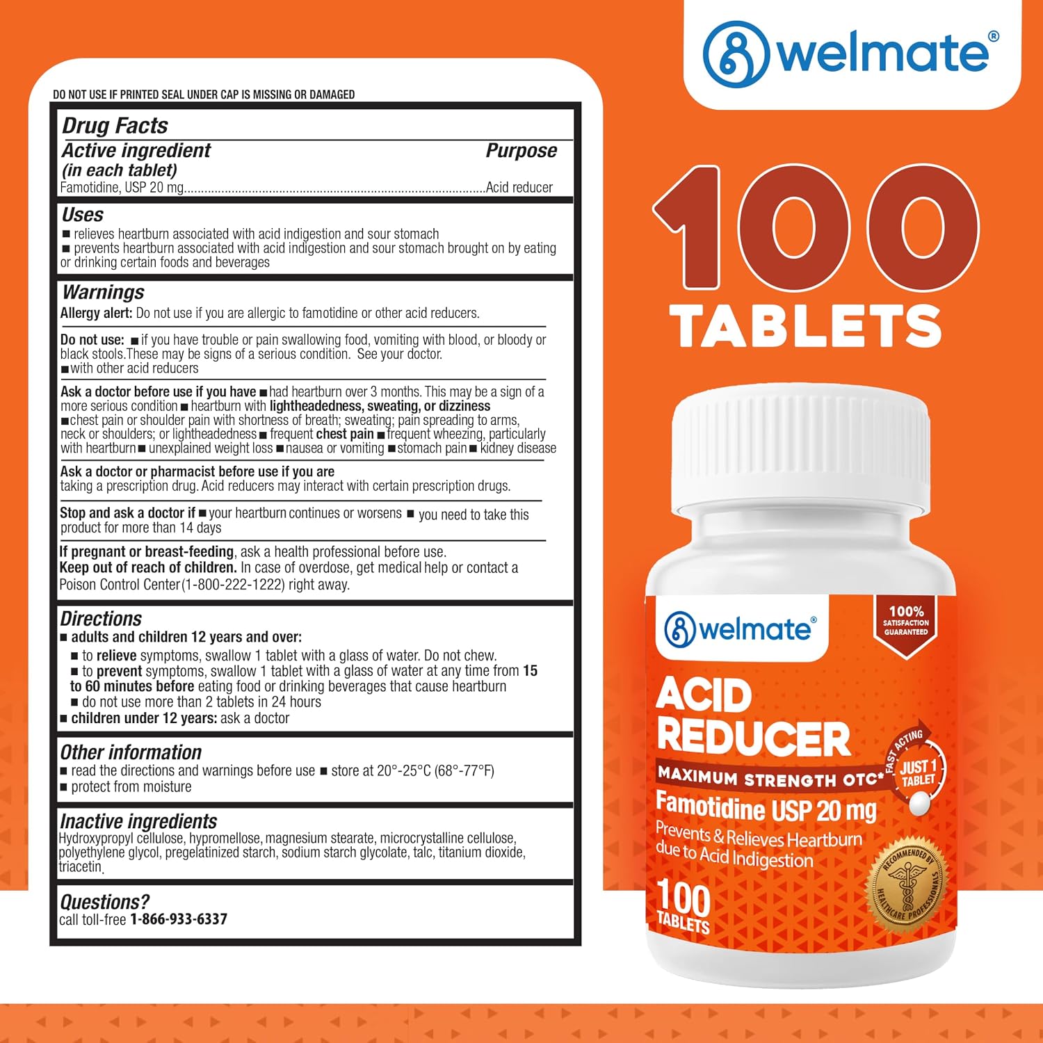 WELMATE Famotidine Acid Reducer 20 mg - Maximum Strength Heartburn Relief - 100 Tablets - görsel 4