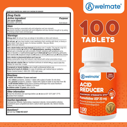 WELMATE Famotidine Acid Reducer 20 mg - Maximum Strength Heartburn Relief - 100 Tablets