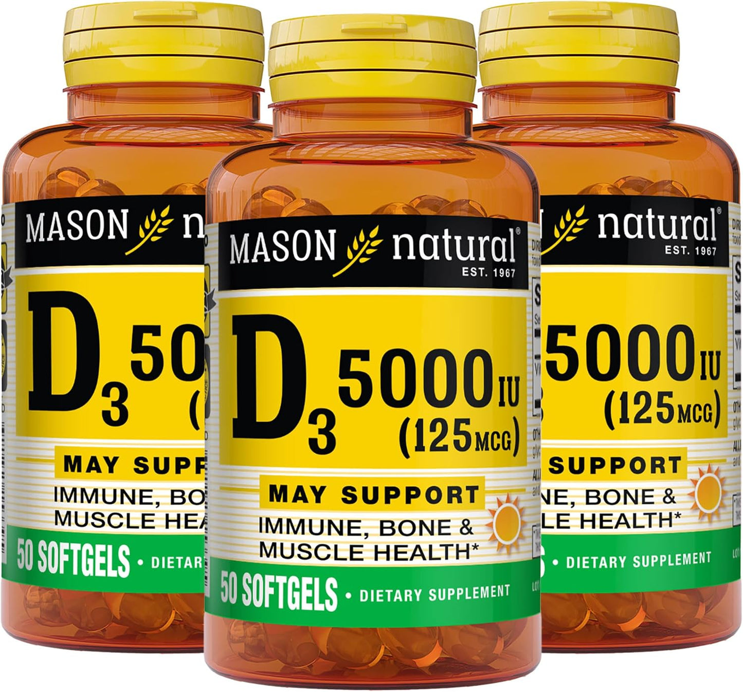 MASON NATURAL Vitamin D3 125 mcg (5000 IU) Softgels, 50 Count (Pack of 3) - görsel 1