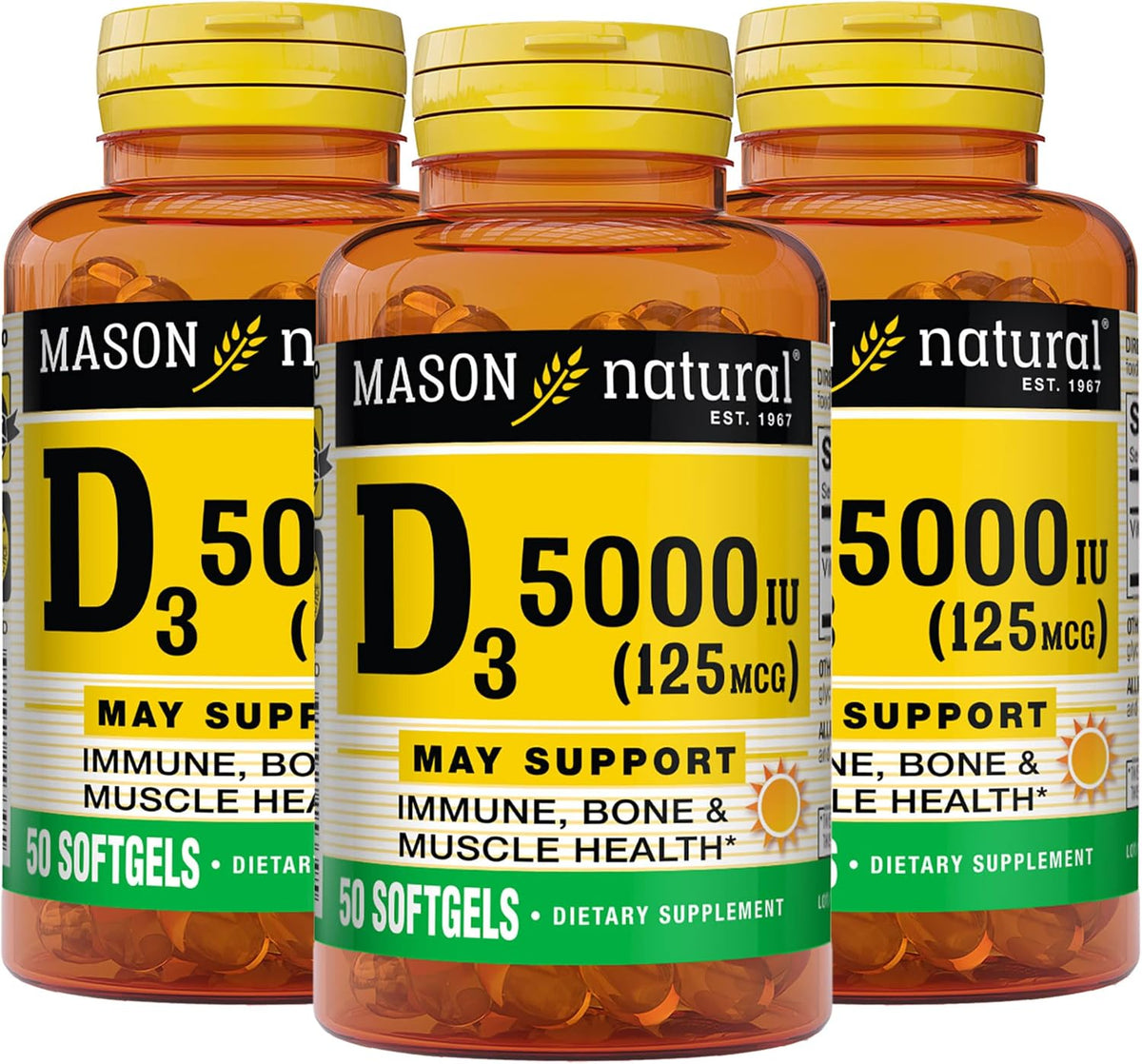 MASON NATURAL Vitamin D3 125 mcg (5000 IU) Softgels, 50 Count (Pack of 3) - görsel 1