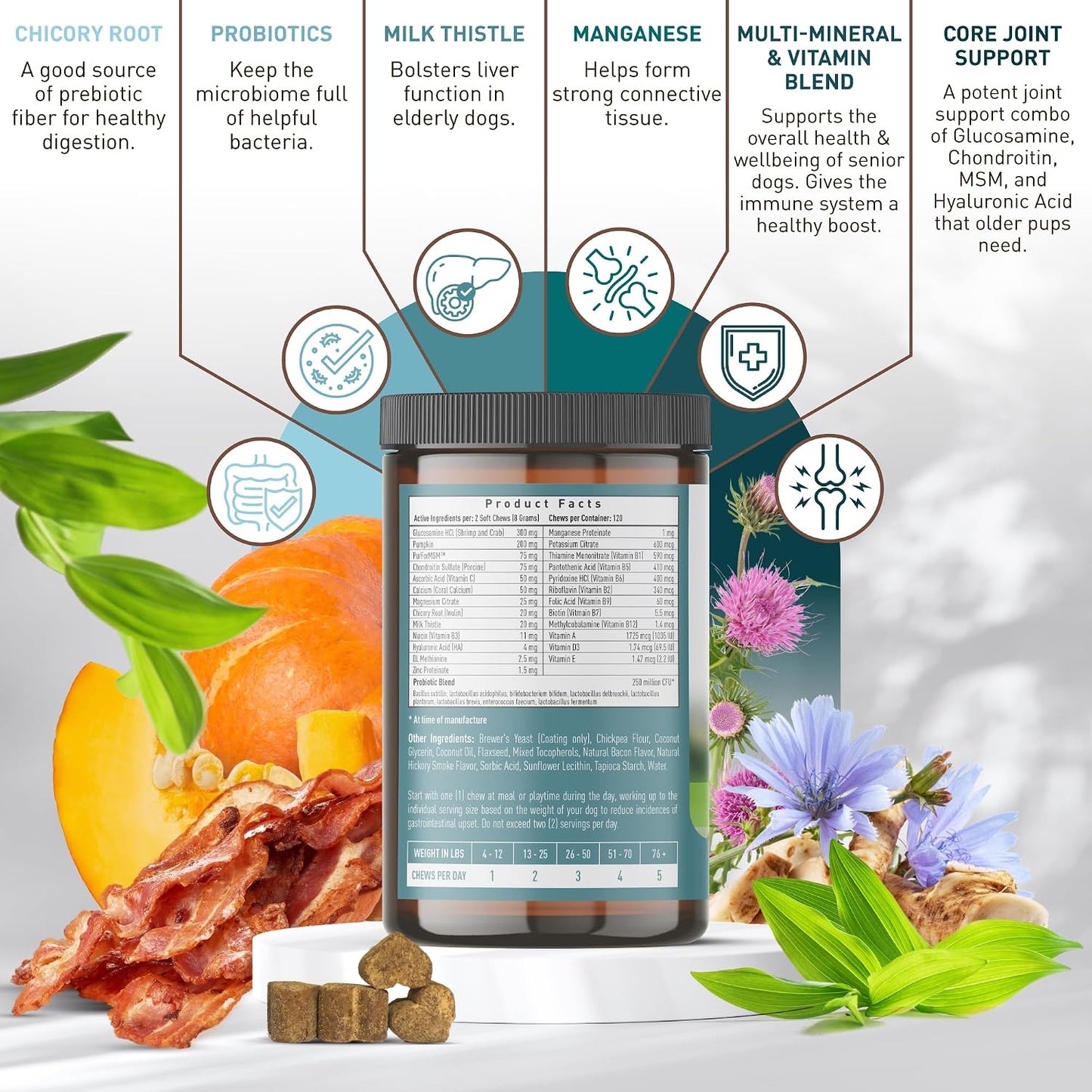 Senior Multivitamin + Probiotics for Dogs with Milk Thistle Joint Support Supplement - Bacon Flavour, 120 Soft Chews - görsel 3
