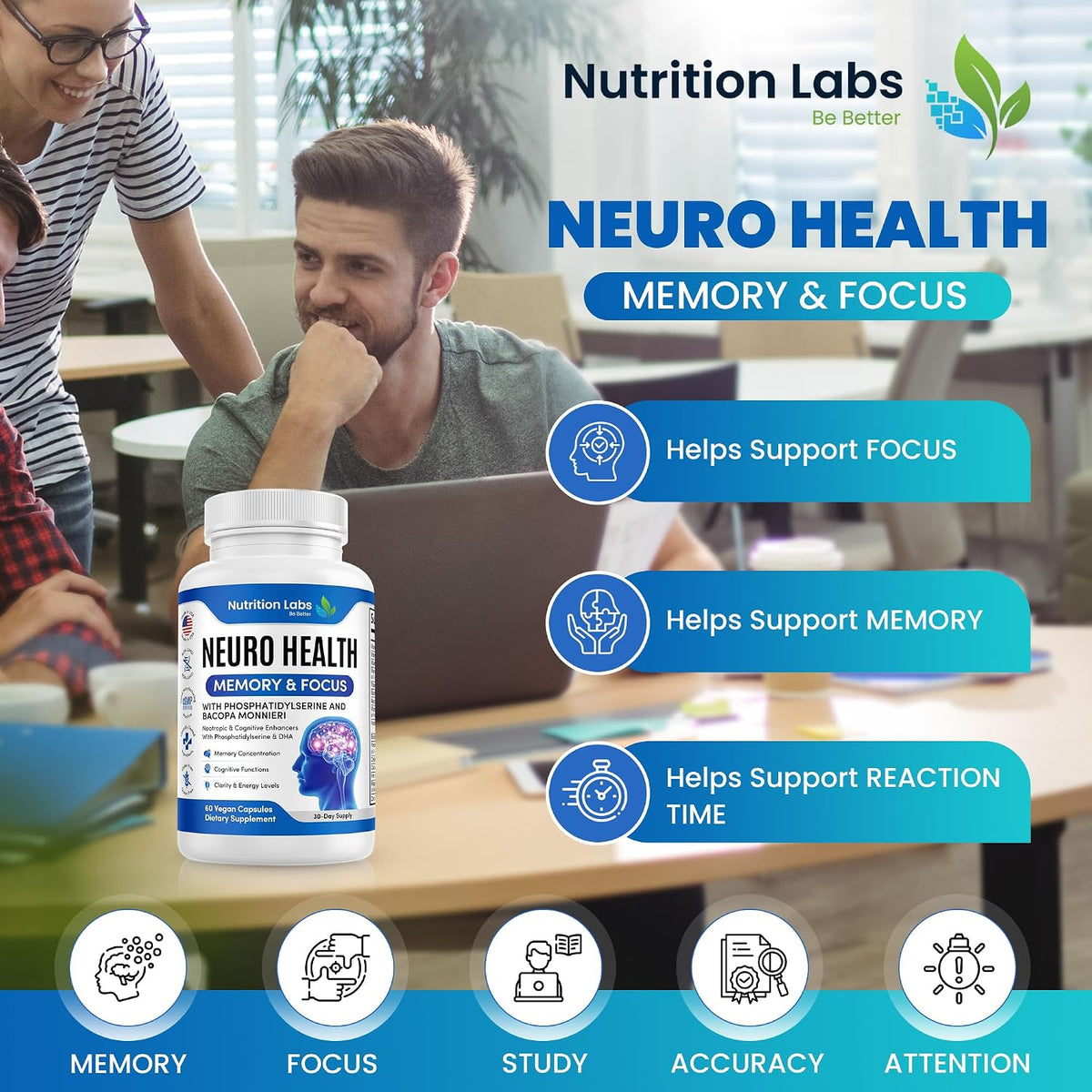 NUTRITION LABS BE BETTER Nootropic Brain Supplement - Memory & Focus Support with Bacopa Monnieri and B Vitamins - görsel 5