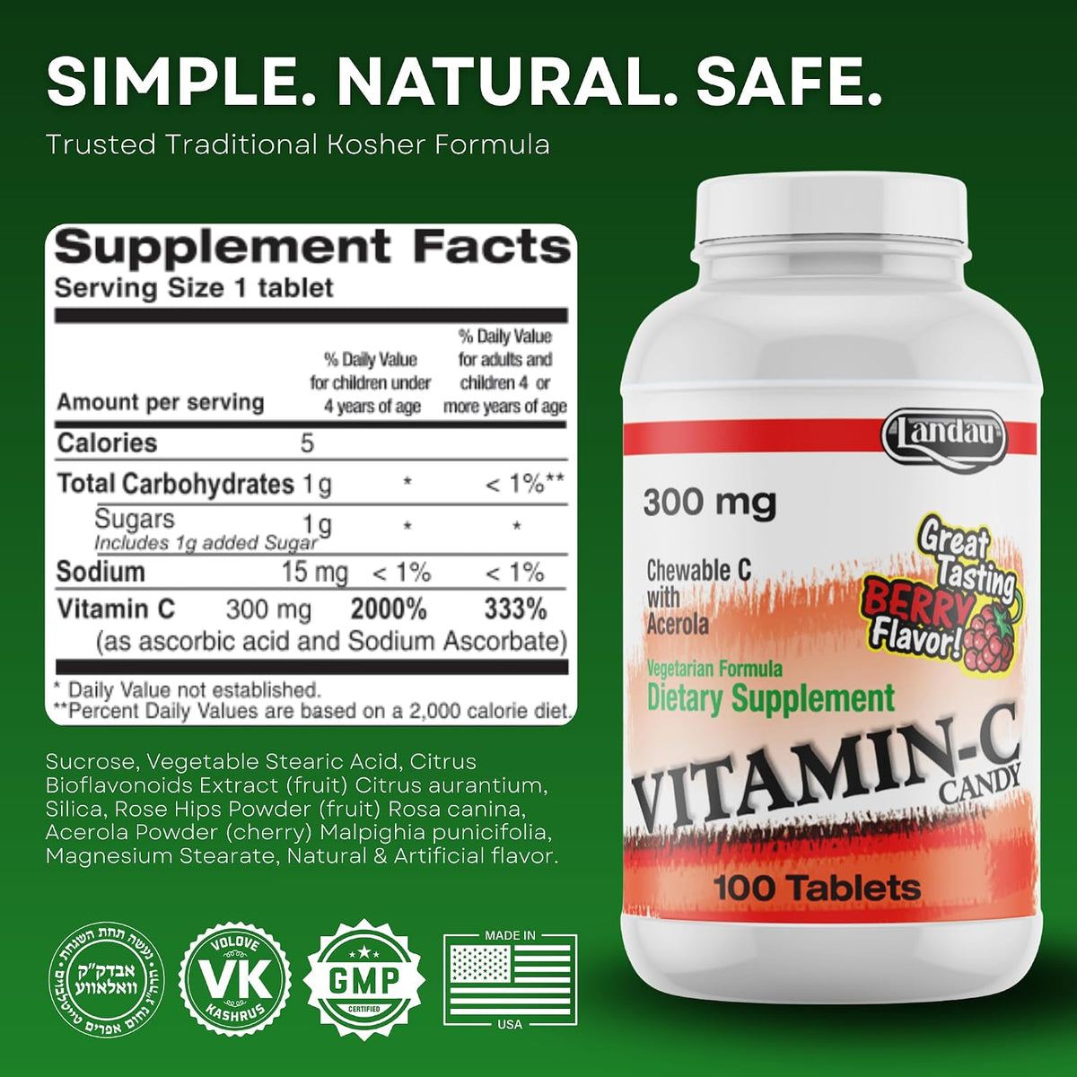LANDAU Chewable Vitamin C 300mg with Acerola - Berry Flavour, 100 Tablets - görsel 6