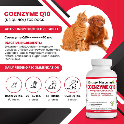 Coenzyme Q10 High Potency COQ10-40mg UBIQUINOL for Dogs (120 Tablets) - Made in USA