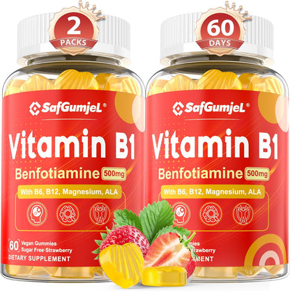 Vitamin B1 (Benfotiamine) Gummies 500mg – B Complex with B6, B9, Magnesium – Vegan, Sugar-Free, 60 Count