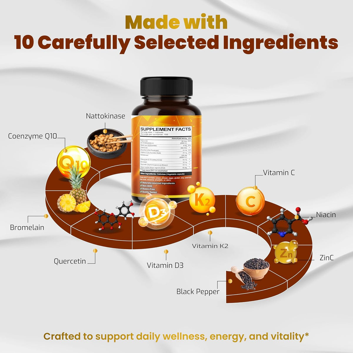 Vegatot Nattokinase Supplement, 10-in-1 Nattokinase Complex 6000 FU with Vitamin K2, CoQ10, Quercetin, Bromelain, and Niacin, Daily Enzyme and Wellness Support*, 150 Capsules, Non-GMO, Gluten-free - görsel 4