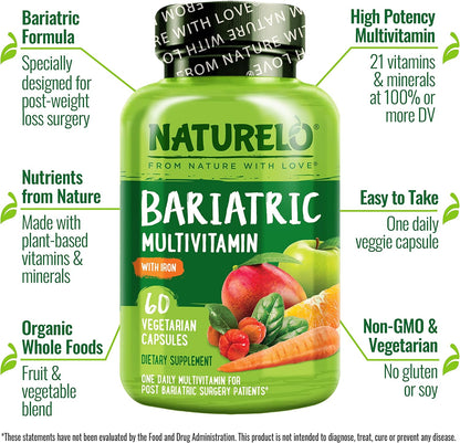 NATURELO Bariatric Multivitamin - One Daily with Iron - Post-Bariatric Surgery Supplement - Natural Whole Food Nutrition - 60 Veggie Capsules