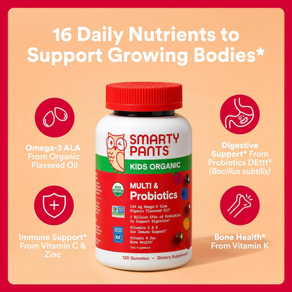 SmartyPants Organic Kids Multivitamin Gummies - 16 Nutrients + Probiotics - 120 Gummies