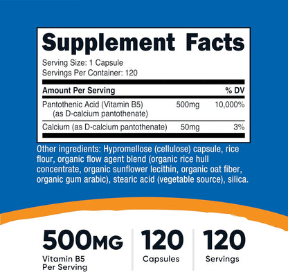 Nutricost Pantothenic Acid (Vitamin B5) 500mg, 120 Capsules