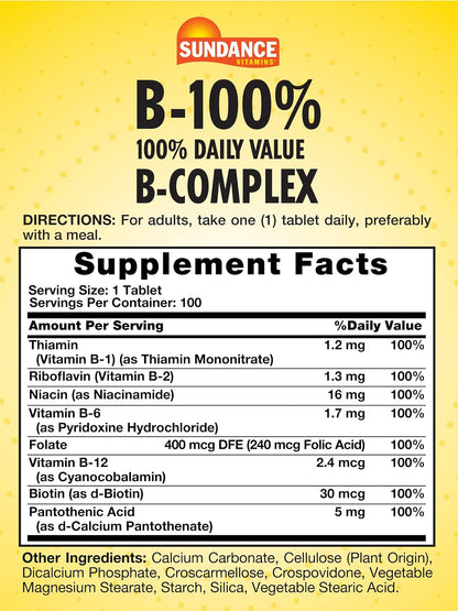 Sundance Vitamin B-Complex 100% NRV | 100 Tablets | Vegetarian, Non-GMO, and Gluten-free Supplement