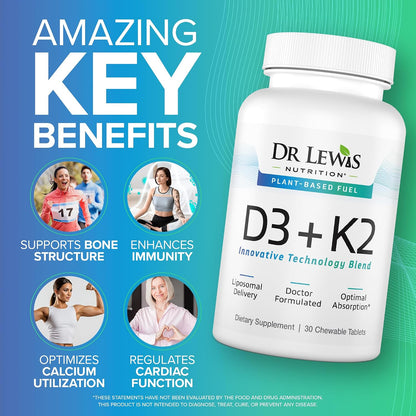 Liposomal Vitamins D3 + K2 Supplement – Doctor-Formulated, Plant-Based, 30 Chewable Vegan Tablets