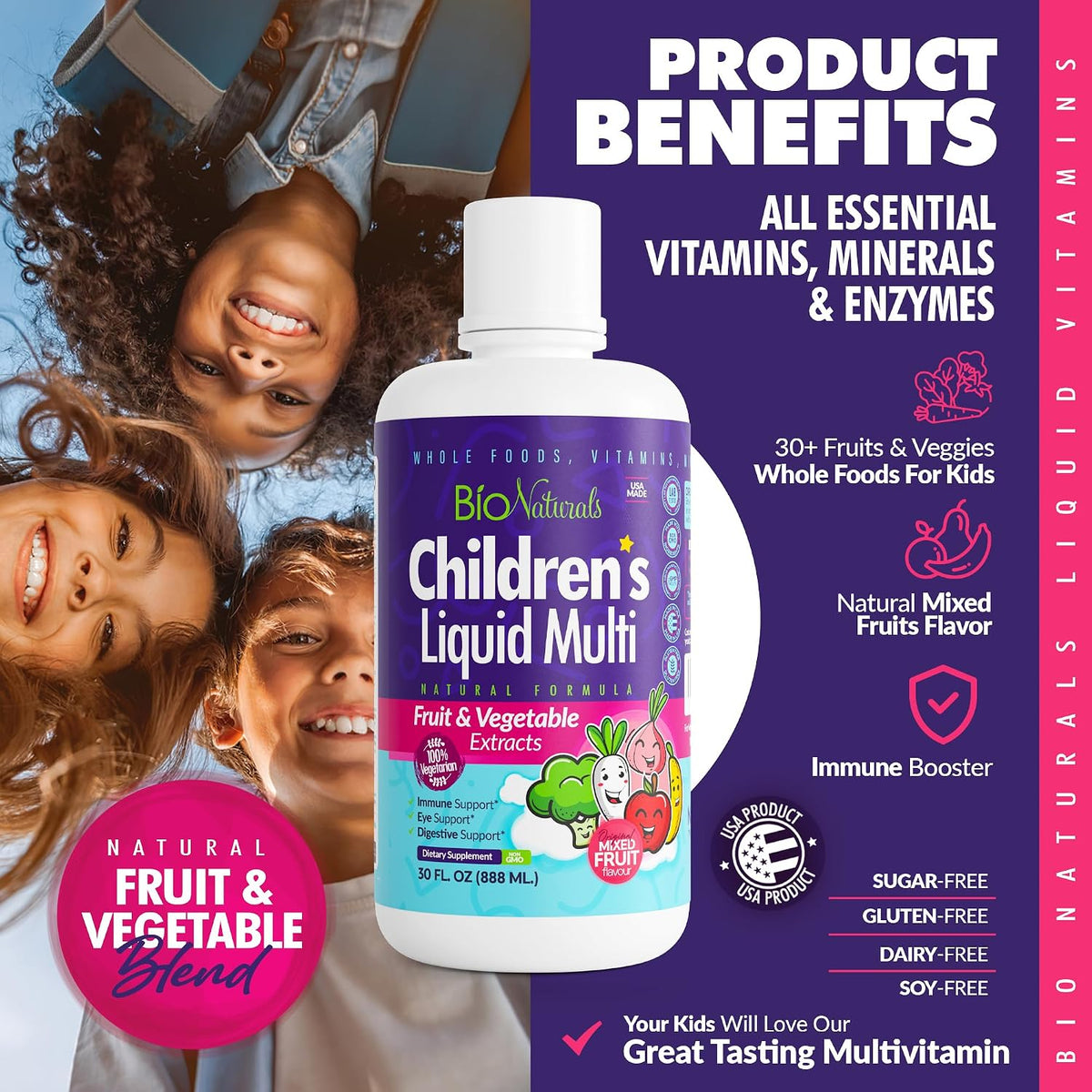 Bio Naturals Children's Liquid Multivitamin & Immune Booster - Natural Supplement for Kids & Toddlers with Vitamins A, B, C, D3, E, Fibre, Fruits & Vegetables - No Gluten, Sugar, Dairy, Soya - 30 oz - görsel 4