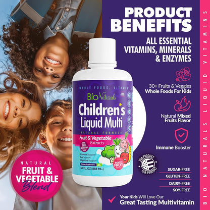 Bio Naturals Children's Liquid Multivitamin & Immune Booster - Natural Supplement for Kids & Toddlers with Vitamins A, B, C, D3, E, Fibre, Fruits & Vegetables - No Gluten, Sugar, Dairy, Soya - 30 oz