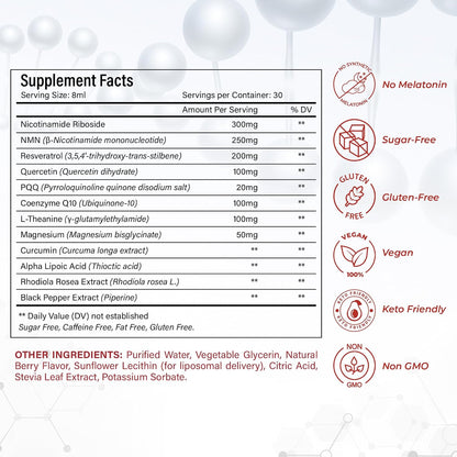 NutraPeaks NAD+ Supplement Liquid - 1000mg Liposomal Formula with Nicotinamide Riboside, NMN, Resveratrol, PQQ, CoQ10, L-Theanine, Rhodiola Rosea - Berry Flavour Sticks for Cellular Energy, Focus, and Stress Balance