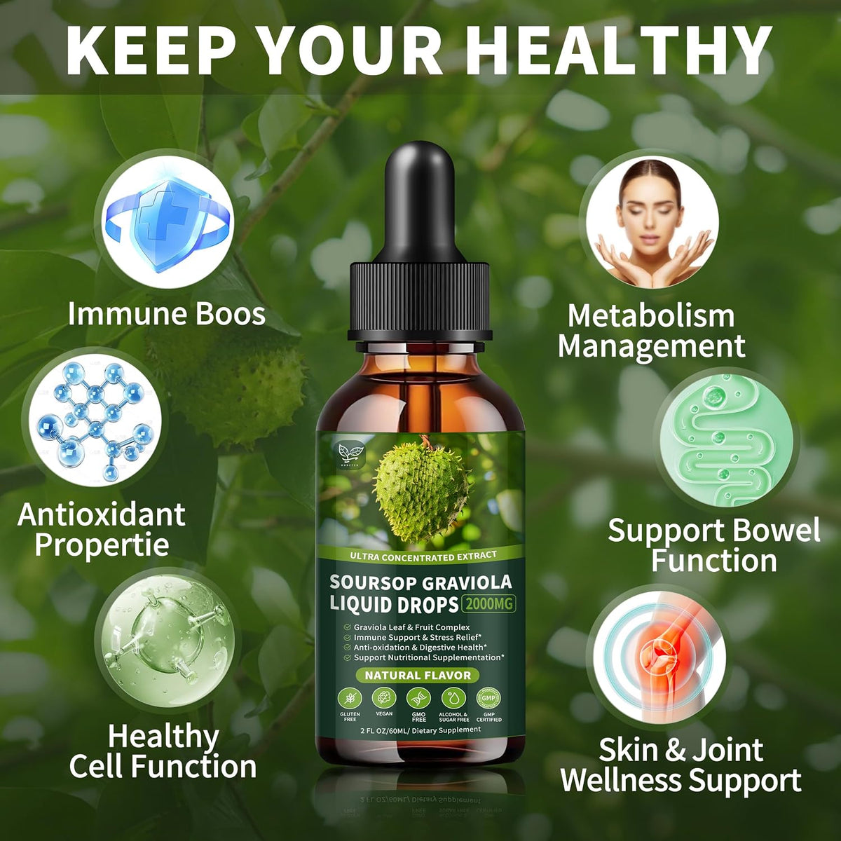 Soursop Graviola Liquid Drops 2000mg, Organic Soursop Extract - 98% Absorption, Sugar & Gluten-free, Natural Flavour, 60 ml - görsel 2