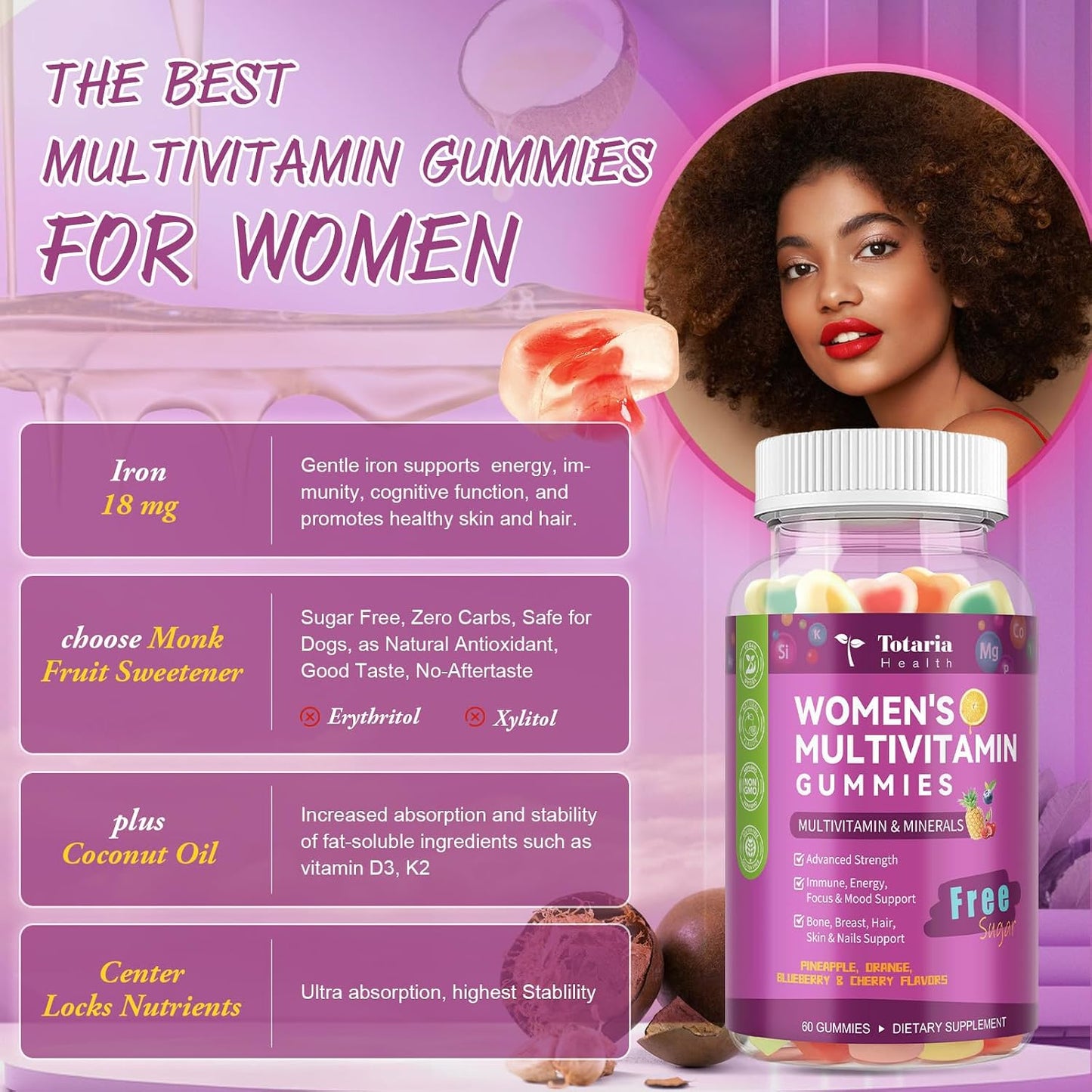 Totaria Sugar Free Multivitamin Gummies for Women 14+ with Iron, Inositol, Folate, Biotin - Mixed Flavours (2 Pack) - görsel 6