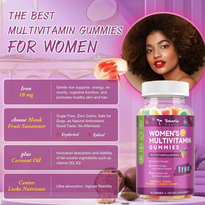 Totaria Sugar Free Multivitamin Gummies for Women 14+ with Iron, Inositol, Folate, Biotin - Mixed Flavours (2 Pack)