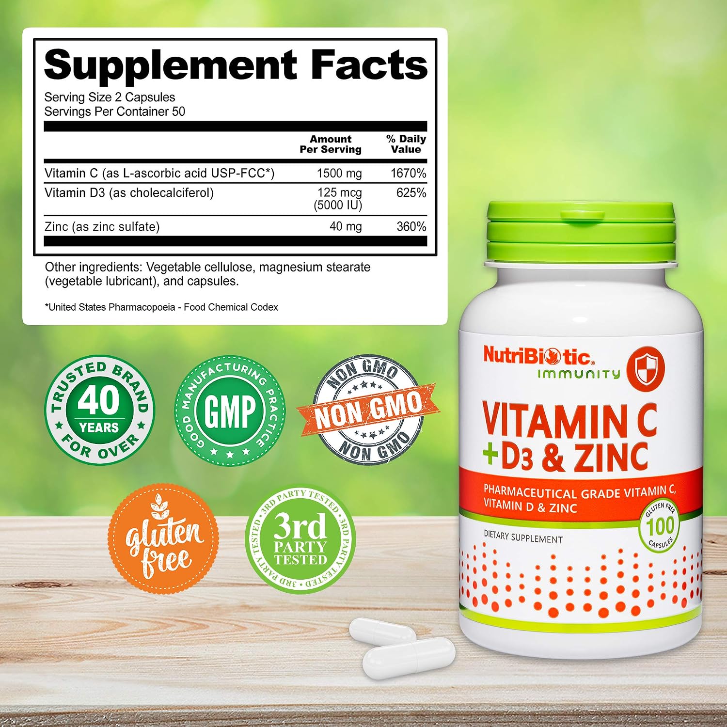 NutriBiotic – Vitamin C + Vitamin D3 & Zinc, 100 Capsules - görsel 3