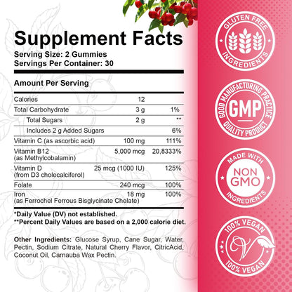 Vitamin B12 Gummies - 5000 mcg Methylcobalamin Complex with Iron, Vitamin C, D3 & Folate - Energy & Immunity Support - Vegan, Cherry Flavour - 60 Gummies