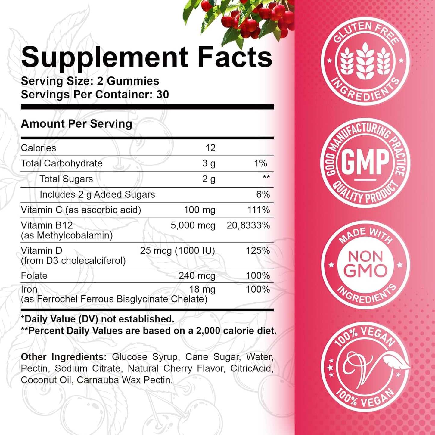 ReviNutra Vitamin B12 Gummies - 5000 mcg Methylcobalamin with Iron, Vitamin C, D3 & Folate - Energy Support & Metabolism - 120 Count (2 Pack) - görsel 2