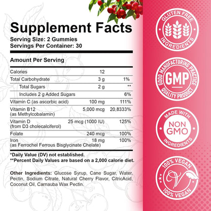 ReviNutra Vitamin B12 Gummies - 5000 mcg Methylcobalamin with Iron, Vitamin C, D3 & Folate - Energy Support & Metabolism - 120 Count (2 Pack)