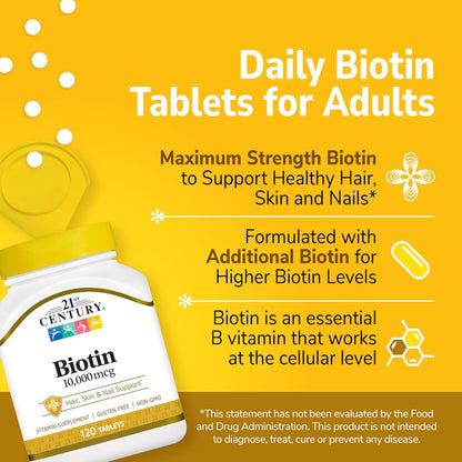 21st Century Biotin Tablets, 10,000 mcg, Unflavoured, 120 Tablets