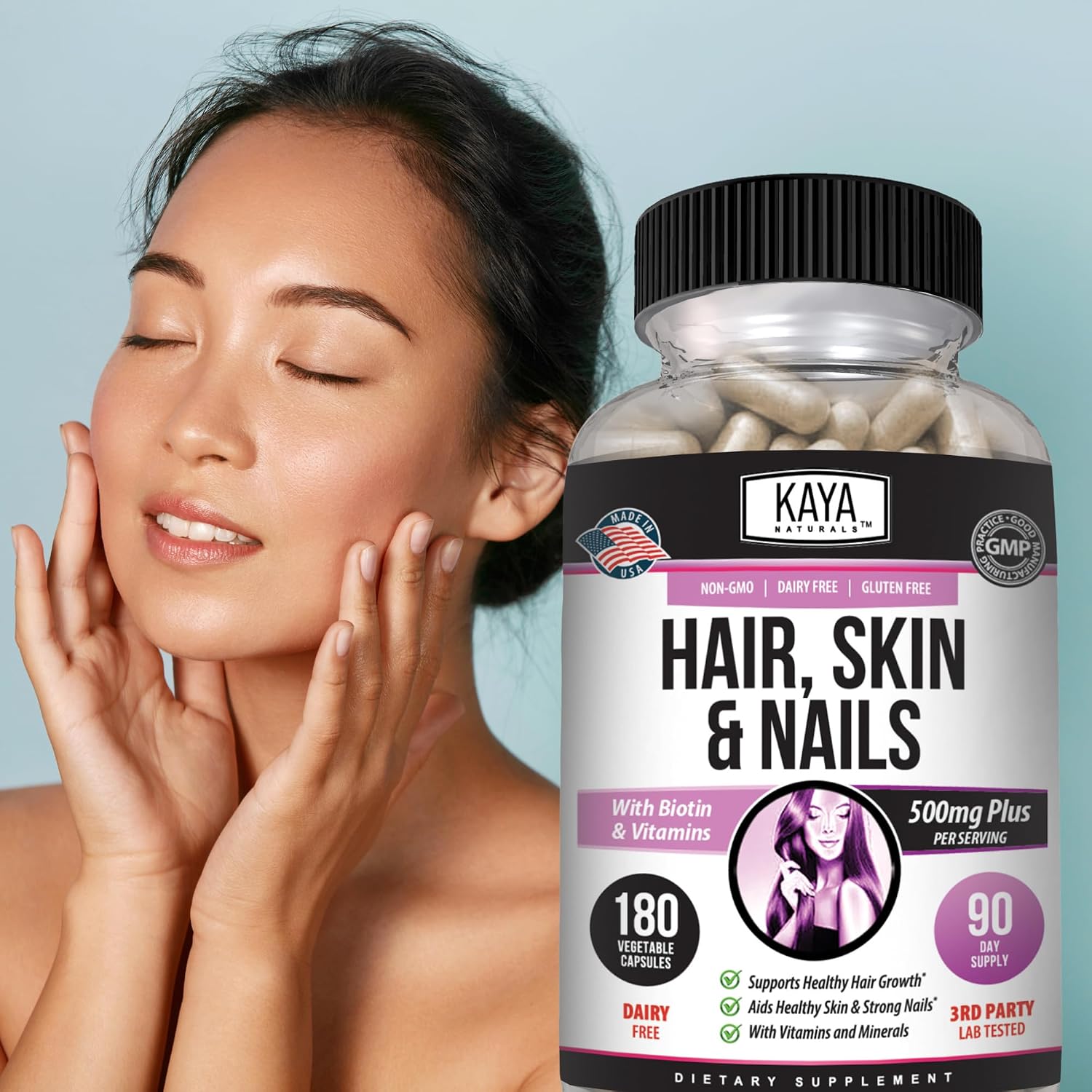 Kaya Naturals Hair, Skin & Nail Capsules with Biotin, Vitamin D, B-12, A, Folic Acid - 180 Capsules - görsel 9