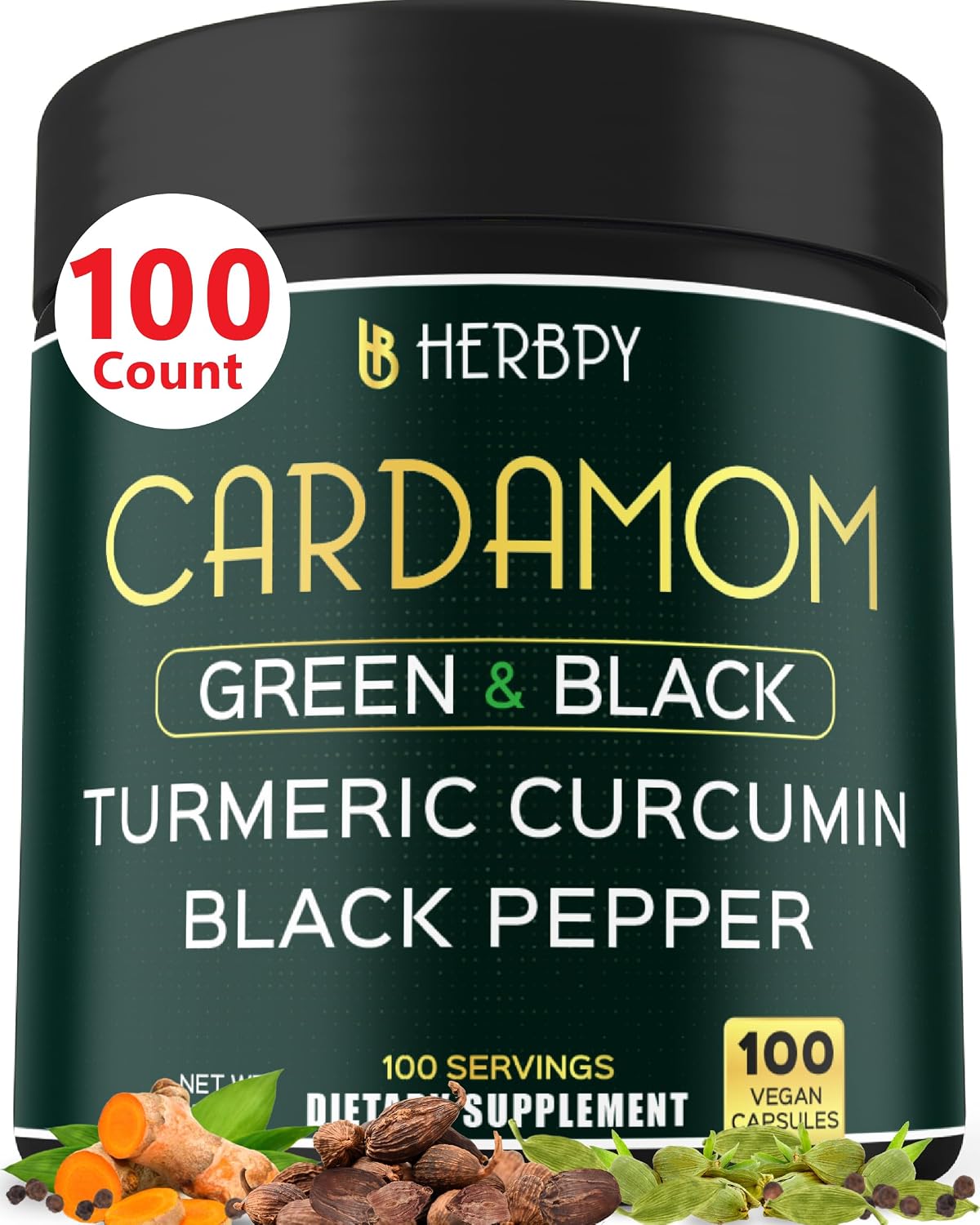 Herbpy 4-in-1 Cardamom Supplement - Green & Black Cardamom Seeds with Turmeric & Black Pepper – Digestive Health & Natural Wellness, 100 Vegan Capsules - görsel 1