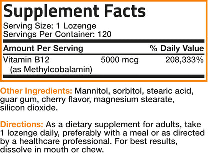 Bronson Methyl B12 5000 mcg Vitamin B12 Methylcobalamin Energy & Brain Support, 120 Lozenges