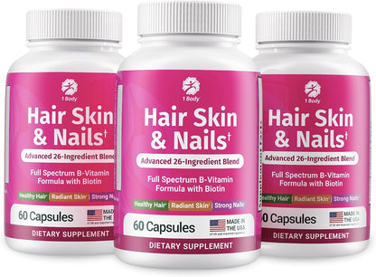 1 Body Hair, Skin & Nails with Biotin – Vegan Vitamins, 3-Pack