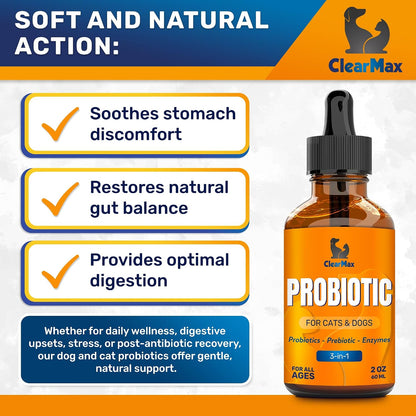 Liquid Probiotics for Dogs and Cats – 6 Billion CFU Pet Digestive Support – Dog Probiotics with Enzymes – 2 oz (60 ml) Bottle
