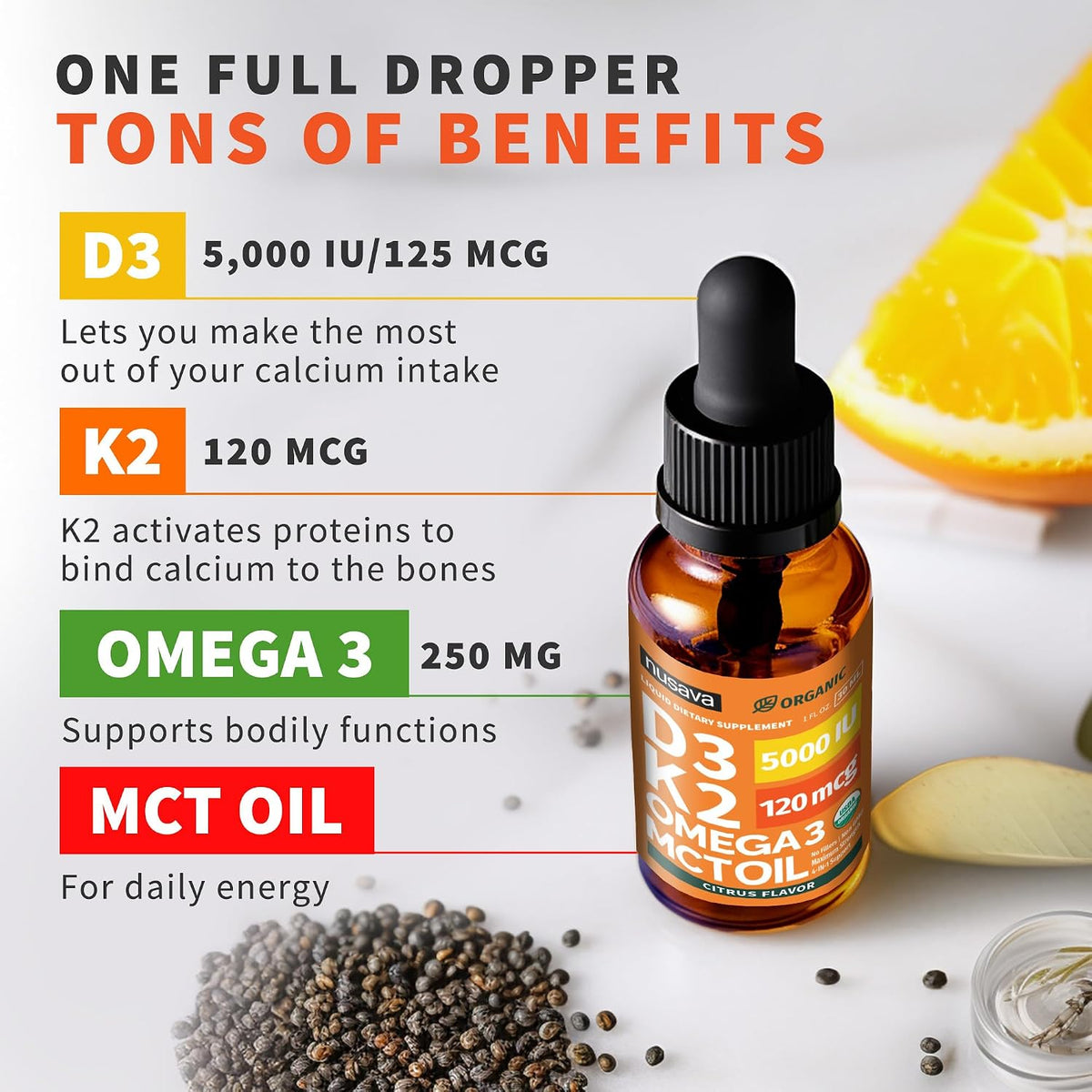 (2 Pack) Organic Vitamin D3 K2 Drops with MCT Oil & Omega-3 – Liquid Vitamin D3 5000 IU – K2 D3 Vitamin Supplement – Vitamin D Drops for Women & Men – No Fillers, Non-GMO, GMP, Citrus Flavour (60 ml) - görsel 3