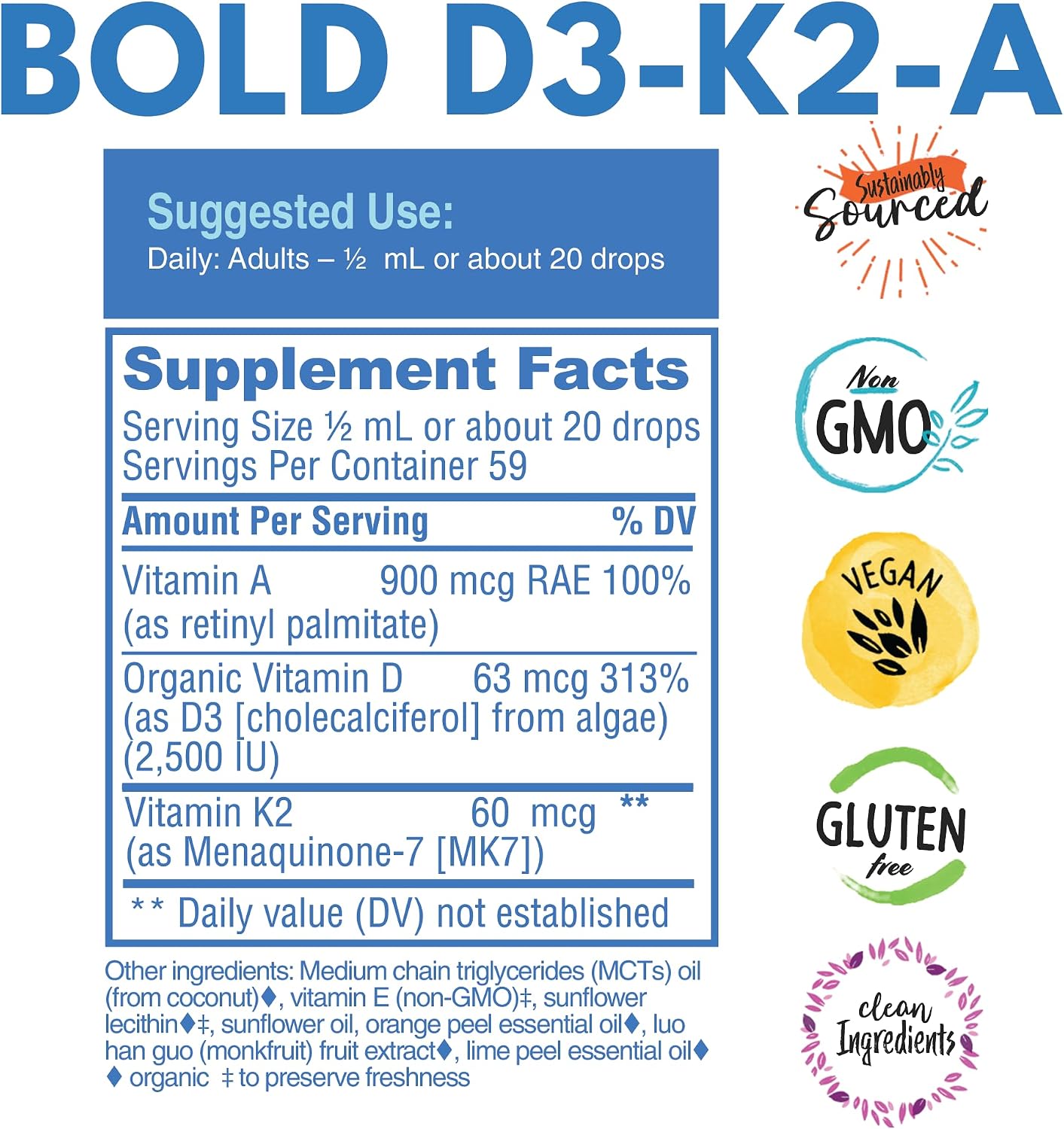 Bold Botanica Vitamin D3-K2-A Liquid Drops – 2500 IU Vegan D3 from Algae with K2 (MK7) & A, 3-in-1 Immune, Bone & Heart Support, Orange Flavour (30 ml, 60 Servings) - görsel 4