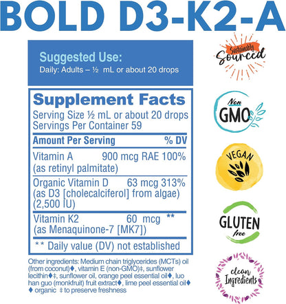 Bold Botanica Vitamin D3-K2-A Liquid Drops – 2500 IU Vegan D3 from Algae with K2 (MK7) & A, 3-in-1 Immune, Bone & Heart Support, Orange Flavour (30 ml, 60 Servings)