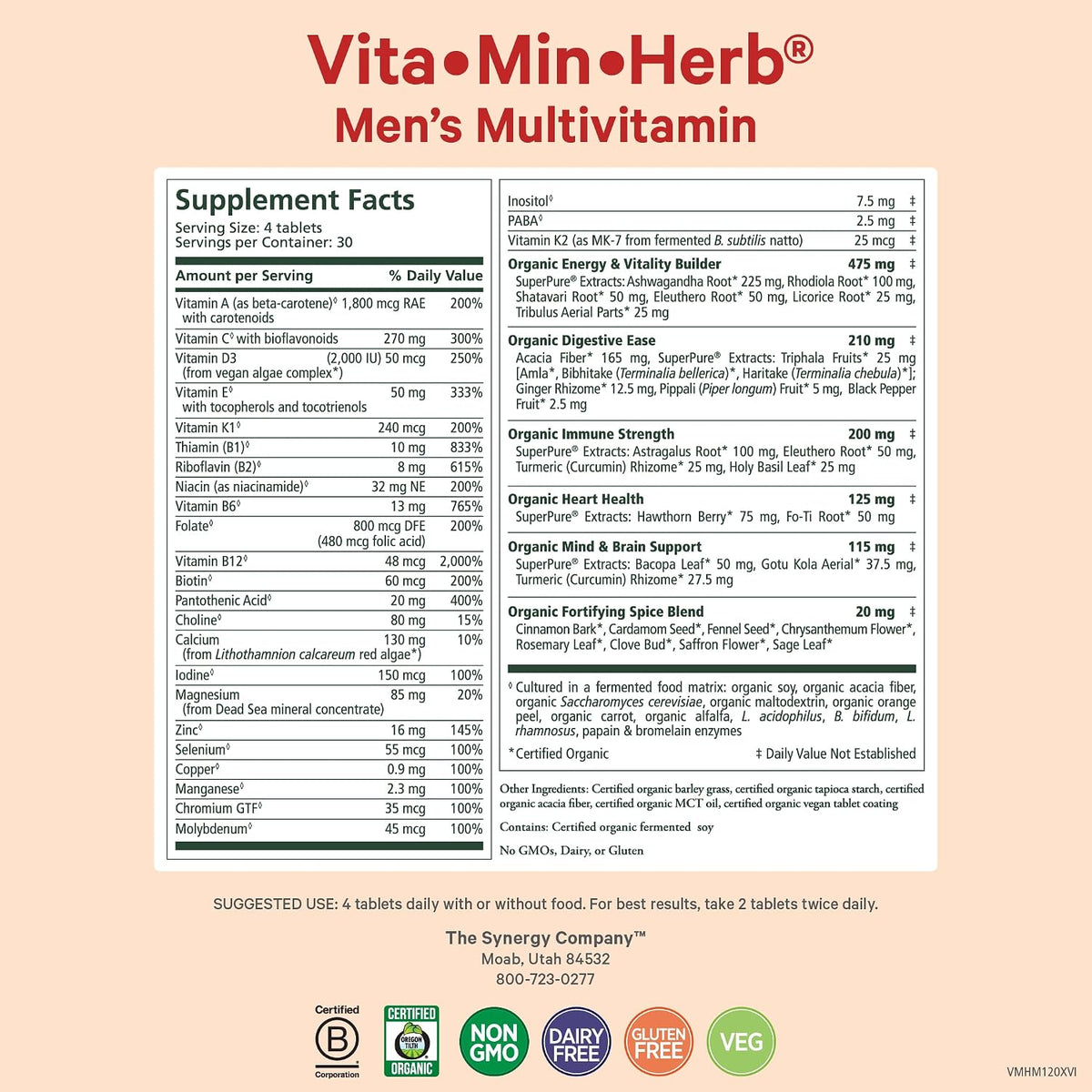 Pure Synergy Vita·Min·Herb for Men - Comprehensive Multivitamin Supplement with Organic Whole Food Ingredients (120 Tablets) - görsel 2