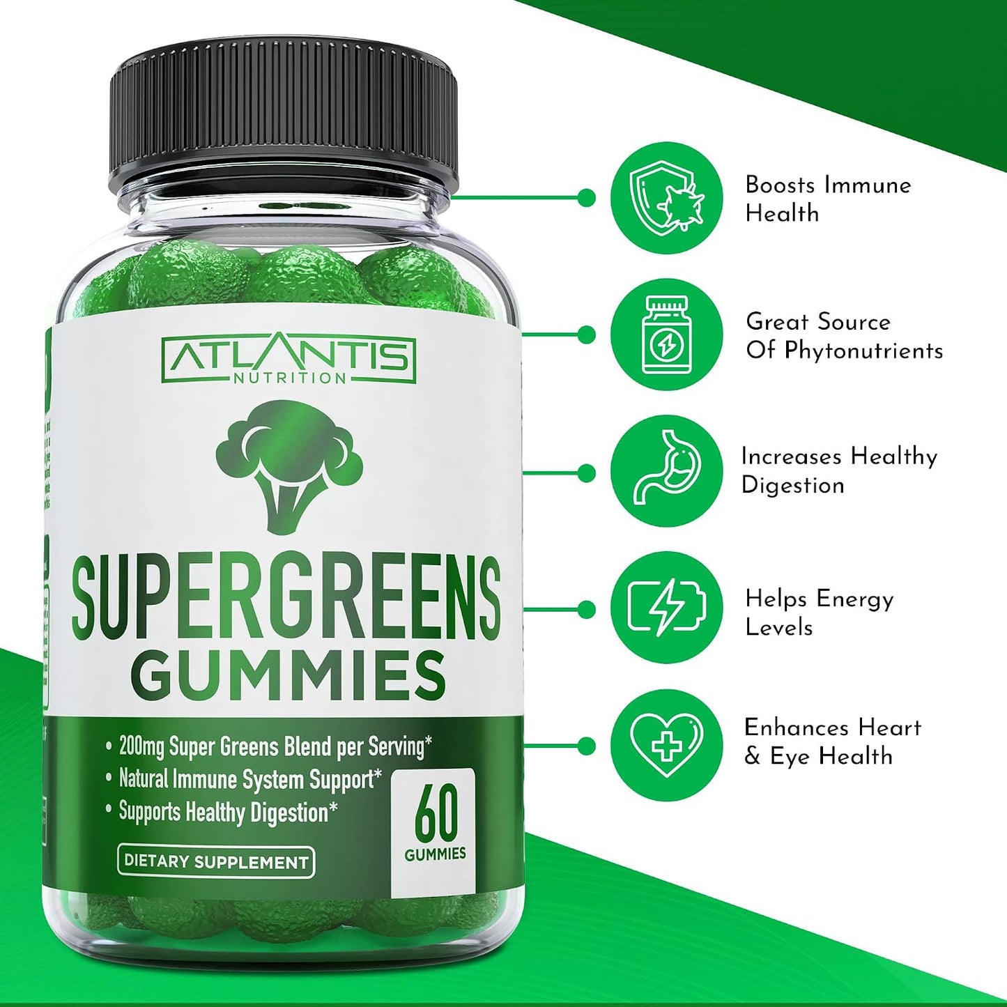 Atlantis Nutrition Supergreens Gummies - Daily Green Superfoods Supplement for Immunity Support, Natural Raspberry Flavour, 60 Gummies - görsel 2