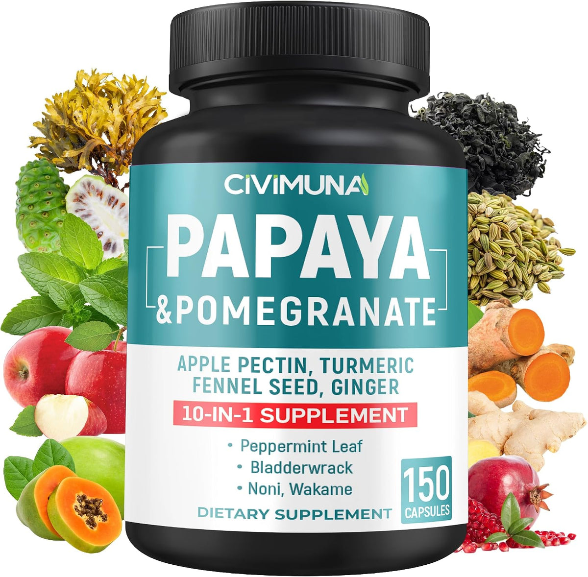 CIVIMUNA Papaya Capsules with Papaya, Pomegranate, Apple Pectin and More - 150 Capsules for 5 Months Supply - görsel 1