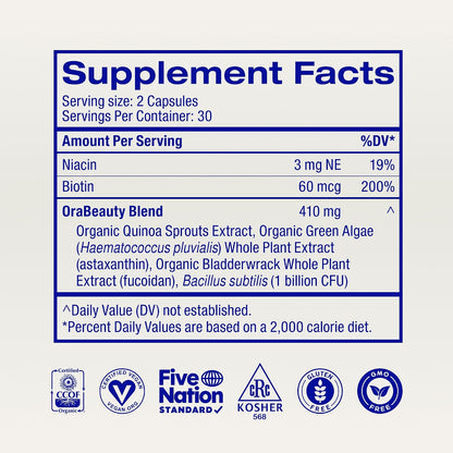 Ora Organic Hair, Skin and Nails Support - Beyoutiful - Beauty Supplement with B Vitamins and Biotin - 60 Vegan Capsules