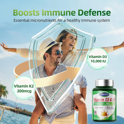 LIVEGIS Vitamin D3 K2 Soft gel capsules – 10,000 IU D3 & 200 mcg K2 (MK-7) with Coconut Oil, 90 Count