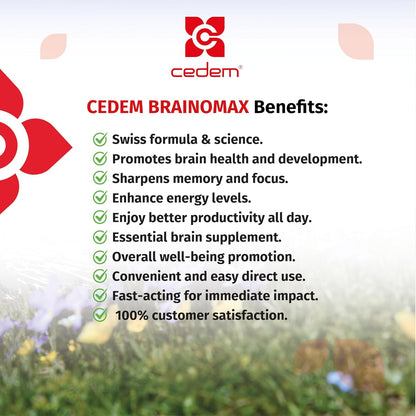 CEDEM Switzerland BRAINOMAX 20 Powder Sticks, Brain Booster Supplement, Cherry-Vanilla Flavour with Citicoline, N-Acetyl-L-Carnitine, Nootropic Brain Supplements for Memory and Focus, Cognitive Support