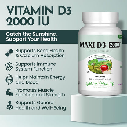 Maxi Health Vitamin D3 2000 IU Tablets – Kosher, Easy to Swallow, 90 Tablets