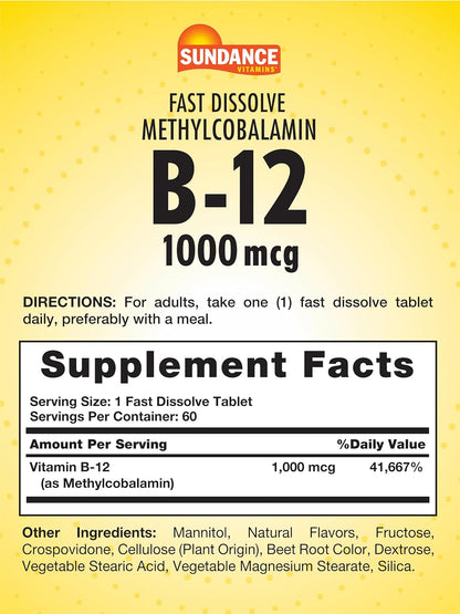 Sundance Vitamin B12 1000mcg Fast Dissolve Tablets - Methylcobalamin, Vegetarian, Non-GMO, Gluten-free
