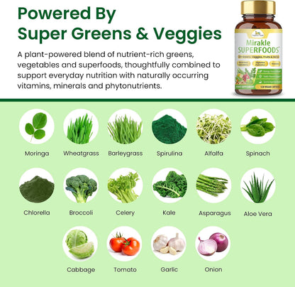 Organic Veda Mirakle Superfoods - Mixed Greens, Vegetables, Super Fruits & Antioxidants Food Supplement with Probiotics, 120 Capsules