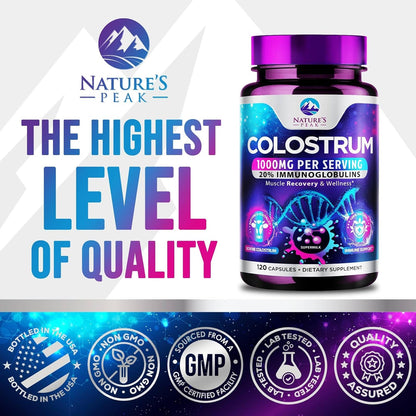 Nature's Peak Bovine Colostrum Supplement 1000mg – 20% Immunoglobulins (IgG) for Immune and Gut Support, 120 Capsules