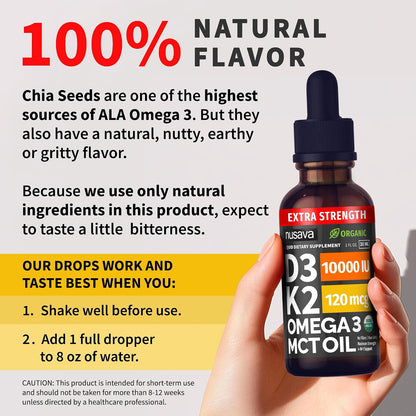 Extra Strength Organic Vitamin D3 K2 Drops with MCT Oil & Omega-3, 10000 IU - 2-Pack (2 fl oz, 60 Servings)