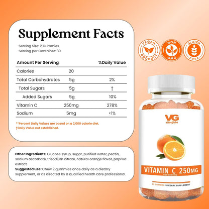 VITA GLOBE Vitamin C Gummies 250mg with Collagen – Vegan, Non-GMO, Immune Support – Orange Flavour – 60 Count (2 Pack)
